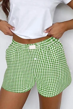 Fashion Dear-Lover Red Plaid Gingham Printed High Waist Shorts Fern Green