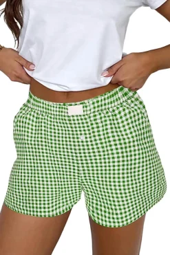 Fashion Dear-Lover Red Plaid Gingham Printed High Waist Shorts Fern Green