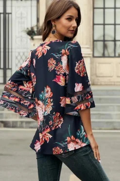 Sale Dear-Lover 3/4 Flared Sleeve Floral Blouse Fiery Red