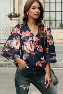 Sale Dear-Lover 3/4 Flared Sleeve Floral Blouse Fiery Red