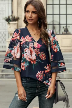 Sale Dear-Lover 3/4 Flared Sleeve Floral Blouse Fiery Red