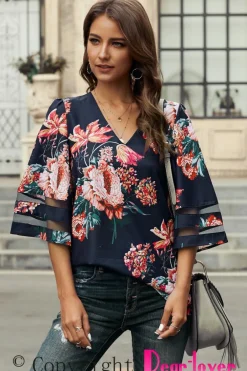 Sale Dear-Lover 3/4 Flared Sleeve Floral Blouse Fiery Red