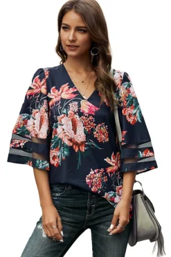 Sale Dear-Lover 3/4 Flared Sleeve Floral Blouse Fiery Red