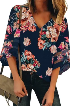 Sale Dear-Lover 3/4 Flared Sleeve Floral Blouse Fiery Red