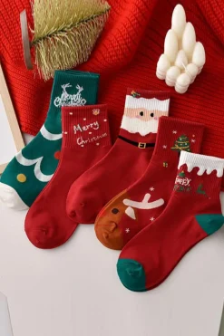 Online Dear-Lover 5 Pairs Festive Merry Christmas Cartoon Print Socks Fiery Red