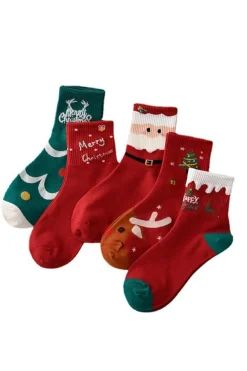 Online Dear-Lover 5 Pairs Festive Merry Christmas Cartoon Print Socks Fiery Red