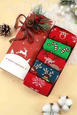 Hot Dear-Lover 5 Pairs/Set Christmas Cartoon Elk Soft Socks Set with Box Fiery Red