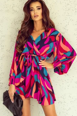 Clearance Dear-Lover Abstract Printed Belted Puff Sleeve Mini Dress Fiery Red