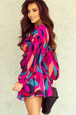 Clearance Dear-Lover Abstract Printed Belted Puff Sleeve Mini Dress Fiery Red