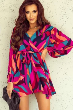 Clearance Dear-Lover Abstract Printed Belted Puff Sleeve Mini Dress Fiery Red