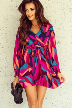 Clearance Dear-Lover Abstract Printed Belted Puff Sleeve Mini Dress Fiery Red