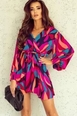 Clearance Dear-Lover Abstract Printed Belted Puff Sleeve Mini Dress Fiery Red