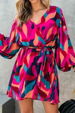 Clearance Dear-Lover Abstract Printed Belted Puff Sleeve Mini Dress Fiery Red