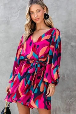 Clearance Dear-Lover Abstract Printed Belted Puff Sleeve Mini Dress Fiery Red