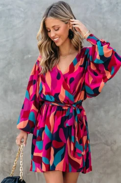 Clearance Dear-Lover Abstract Printed Belted Puff Sleeve Mini Dress Fiery Red