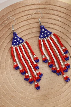 Outlet Dear-Lover American Flag Beaded Fringed Hook Earrings Fiery Red