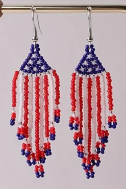 Outlet Dear-Lover American Flag Beaded Fringed Hook Earrings Fiery Red