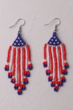 Outlet Dear-Lover American Flag Beaded Fringed Hook Earrings Fiery Red