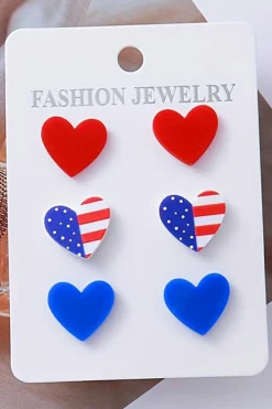 Sale Dear-Lover American Flag Print Heart Shape Stud Earrings Set Fiery Red
