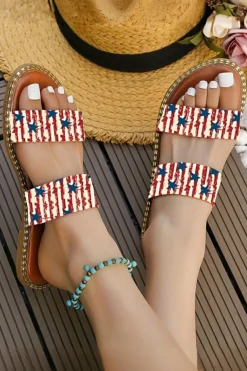 New Dear-Lover American Flag Print Double Band Flat Slippers Fiery Red