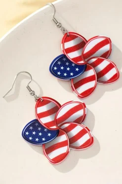 Clearance Dear-Lover American Flag Printed Flower Shape Hook Earrings Fiery Red