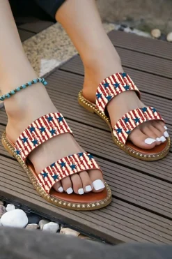 New Dear-Lover American Flag Print Double Band Flat Slippers Fiery Red
