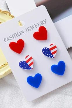 Sale Dear-Lover American Flag Print Heart Shape Stud Earrings Set Fiery Red