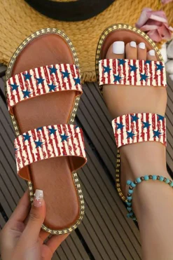 New Dear-Lover American Flag Print Double Band Flat Slippers Fiery Red
