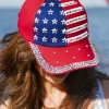 New Dear-Lover American Flag Rhinestone Decor Baseball Cap Fiery Red