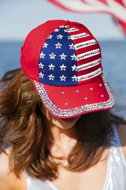 New Dear-Lover American Flag Rhinestone Decor Baseball Cap Fiery Red