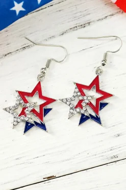 Clearance Dear-Lover American Flag Rhinestone Star Dangle Earrings Fiery Red