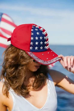 New Dear-Lover American Flag Rhinestone Decor Baseball Cap Fiery Red