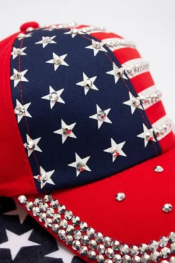 New Dear-Lover American Flag Rhinestone Decor Baseball Cap Fiery Red