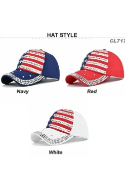 New Dear-Lover American Flag Rhinestone Decor Baseball Cap Fiery Red