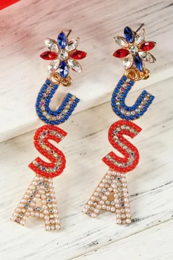 Discount Dear-Lover Beaded Rhinestone Colorblock USA Earrings Fiery Red