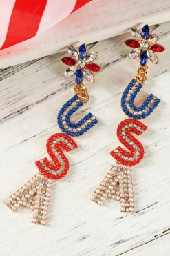 Discount Dear-Lover Beaded Rhinestone Colorblock USA Earrings Fiery Red