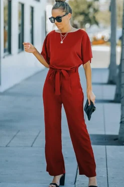 Best Dear-Lover Belted Wide Leg Jumpsuit Fiery Red