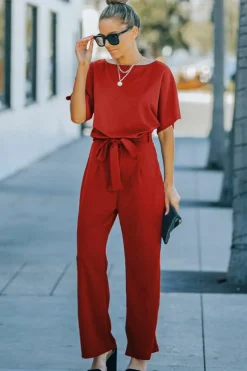Best Dear-Lover Belted Wide Leg Jumpsuit Fiery Red