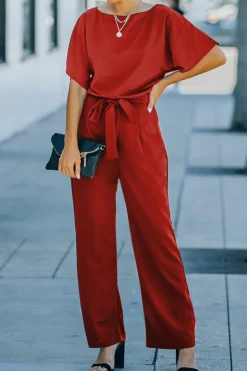 Best Dear-Lover Belted Wide Leg Jumpsuit Fiery Red