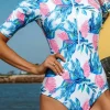 Clearance Dear-Lover Fiery Red Leaves Zip Front Half Sleeve One Piece Swimsuit Blue