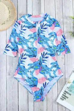Clearance Dear-Lover Fiery Red Leaves Zip Front Half Sleeve One Piece Swimsuit Blue