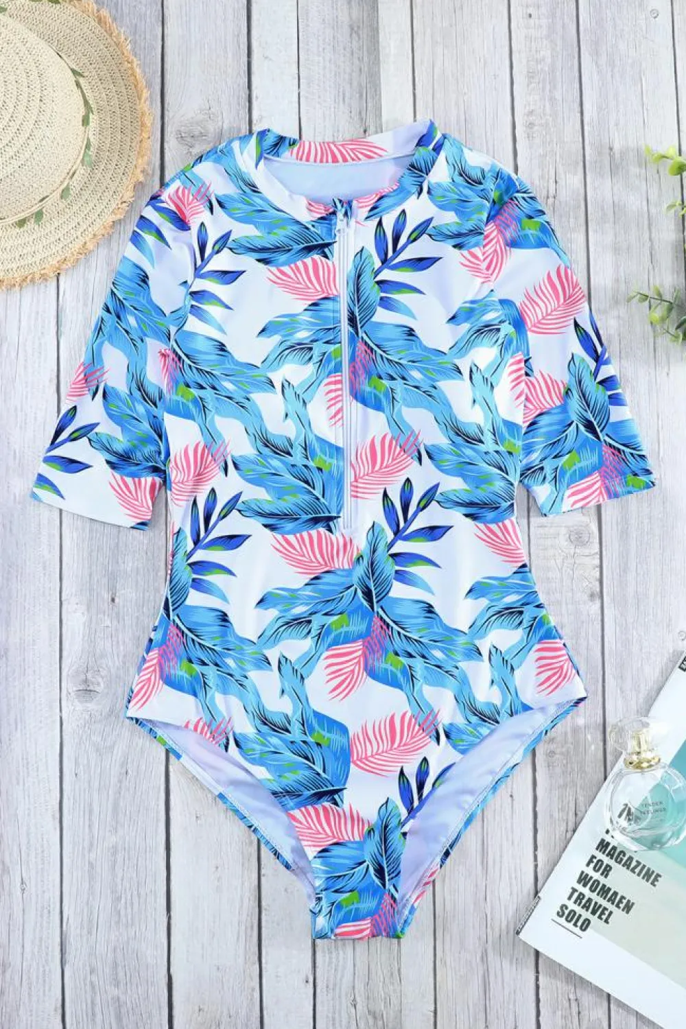 Clearance Dear-Lover Fiery Red Leaves Zip Front Half Sleeve One Piece Swimsuit Blue