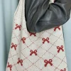 Best Dear-Lover Bow Argyle Pattern Cable Knit Handle Tote Bag Fiery Red
