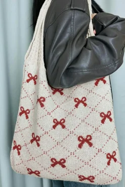 Best Dear-Lover Bow Argyle Pattern Cable Knit Handle Tote Bag Fiery Red