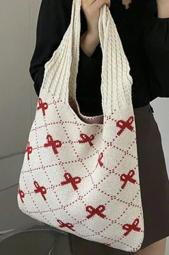 Best Dear-Lover Bow Argyle Pattern Cable Knit Handle Tote Bag Fiery Red