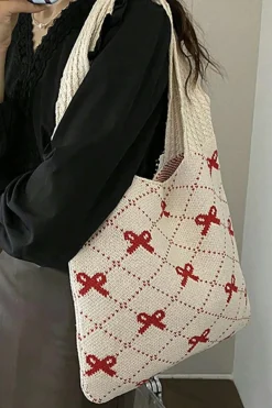 Best Dear-Lover Bow Argyle Pattern Cable Knit Handle Tote Bag Fiery Red
