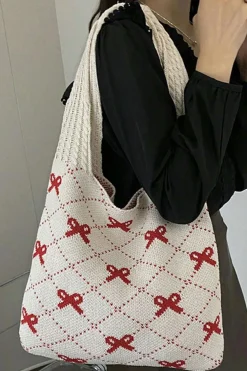 Best Dear-Lover Bow Argyle Pattern Cable Knit Handle Tote Bag Fiery Red