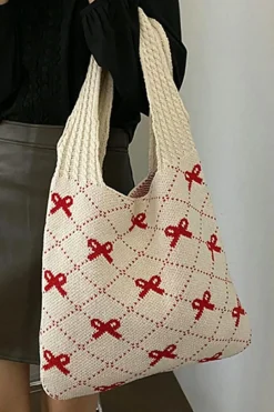 Best Dear-Lover Bow Argyle Pattern Cable Knit Handle Tote Bag Fiery Red