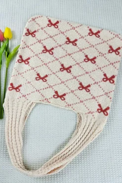 Best Dear-Lover Bow Argyle Pattern Cable Knit Handle Tote Bag Fiery Red