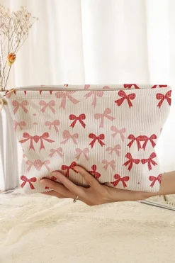 New Dear-Lover Bows Print Zipped Corduroy Makeup Storage Bag Fiery Red